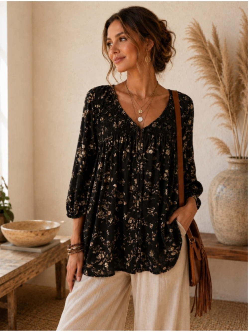 Ralph Lauren Denim & Supply Floral Smocked Top button front boho tunic sz M